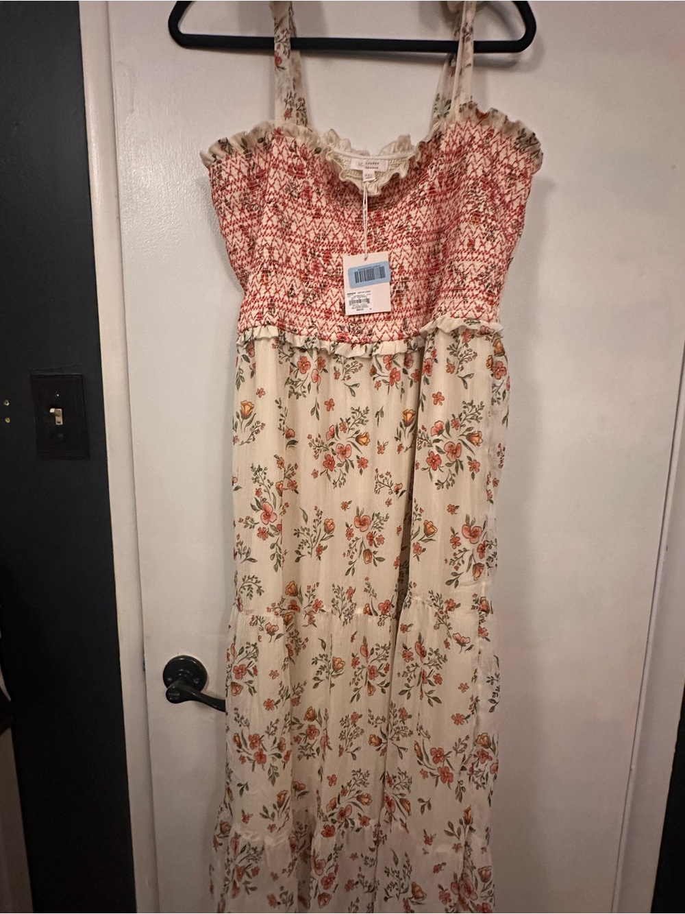 LC Lauren Conrad Cream Floral Smocked Maxi Dress with Rust Accents